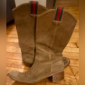 Brown Suede Tall Boots with Striped Detail